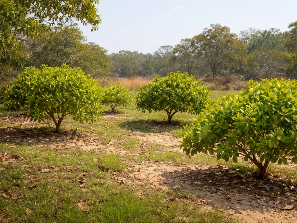 Warm, frost-free-looking cashew orchard edge with young trees and tropical vegetation under clear sky.