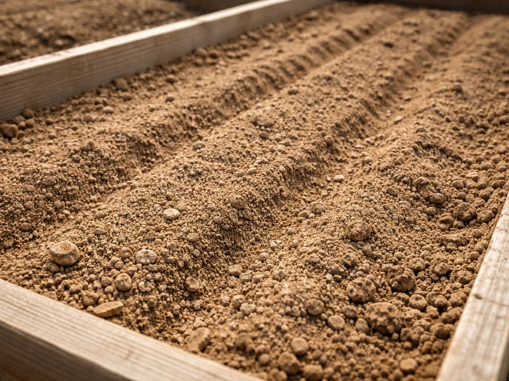 Close-up of free-draining sandy loam in a raised, tilled bed showing ready drainage.