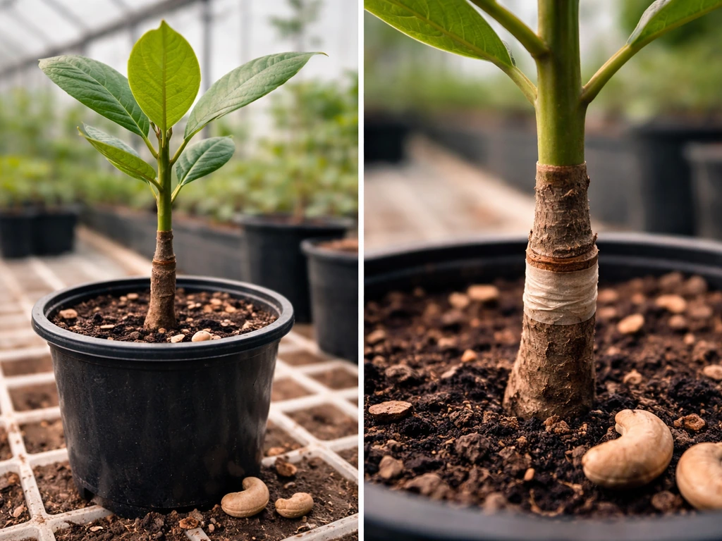 Close view of a young cashew plant in a nursery pot showing healthy growth and the graft union.