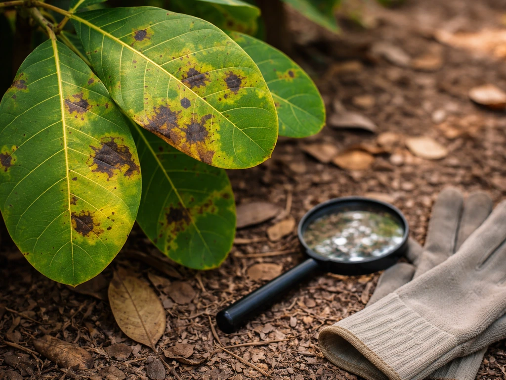Close-up of cashew leaves with subtle fungal spotting and a careful inspection setup nearby