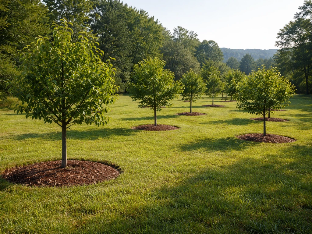 Sunlit South Carolina yard with several young nut trees spaced in rows, lush green growth