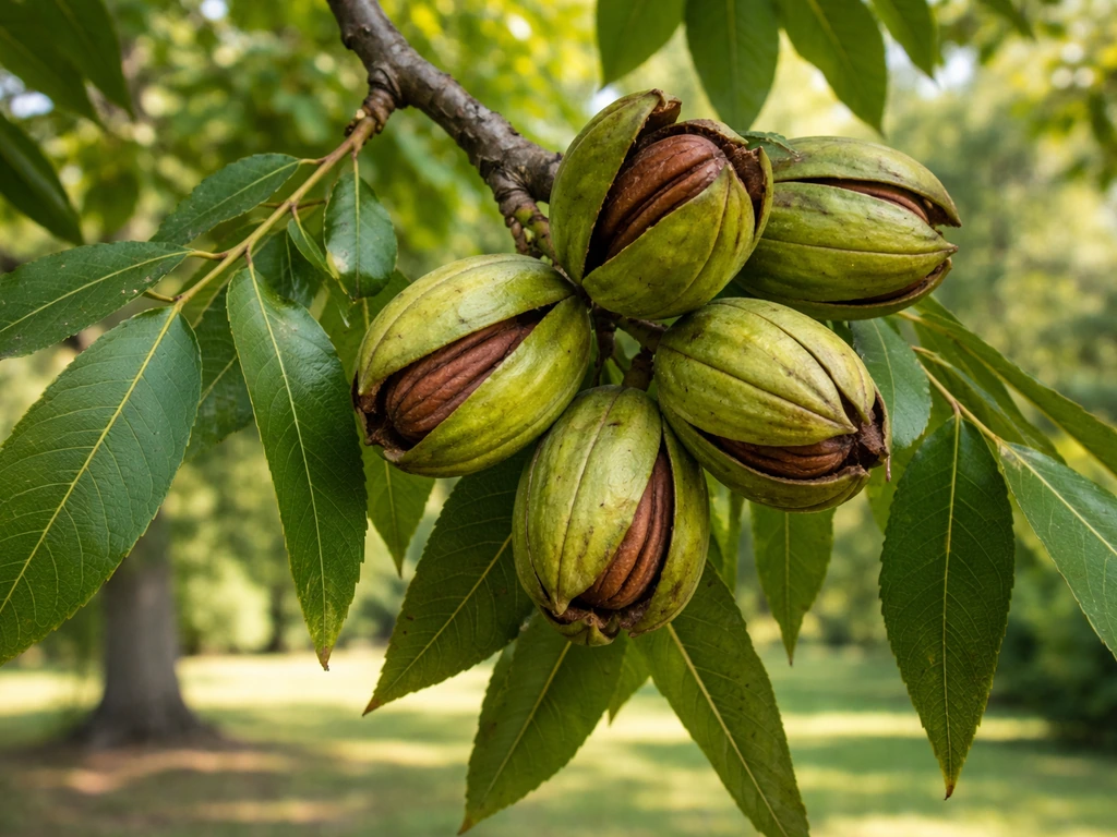 Close view of a pecan tree branch with green shucks and nuts in a sunny South Carolina yard