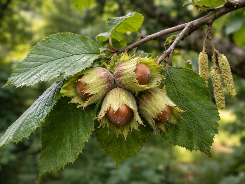 Close-up of hazelnuts on a shrub branch with small catkins and leaves in natural outdoor light.