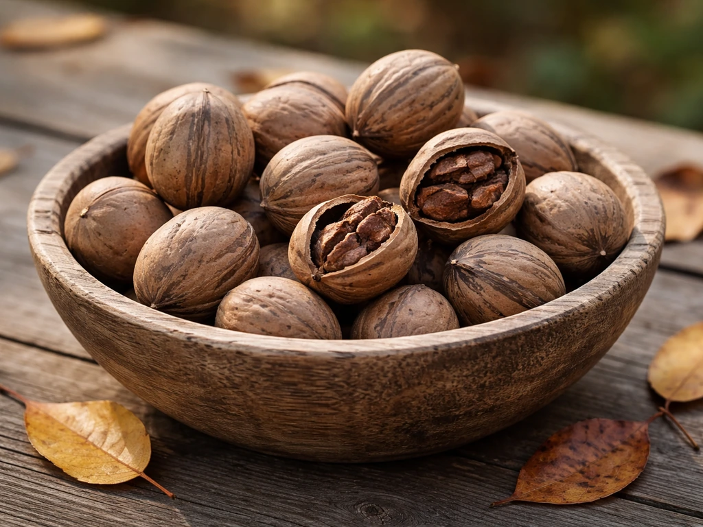 Hickory nuts in-shell and ready-to-crack, nestled in a small wooden bowl on a rustic tabletop