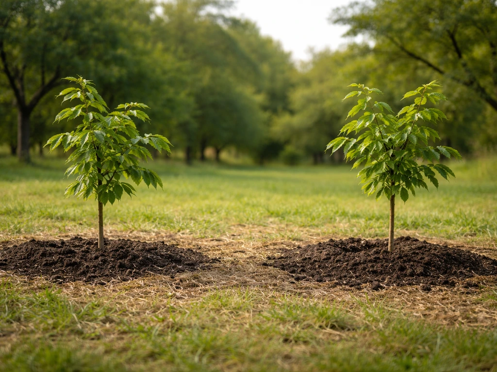 Two small chestnut saplings planted at a clear distance in an orchard edge to suggest cross-pollination spacing.