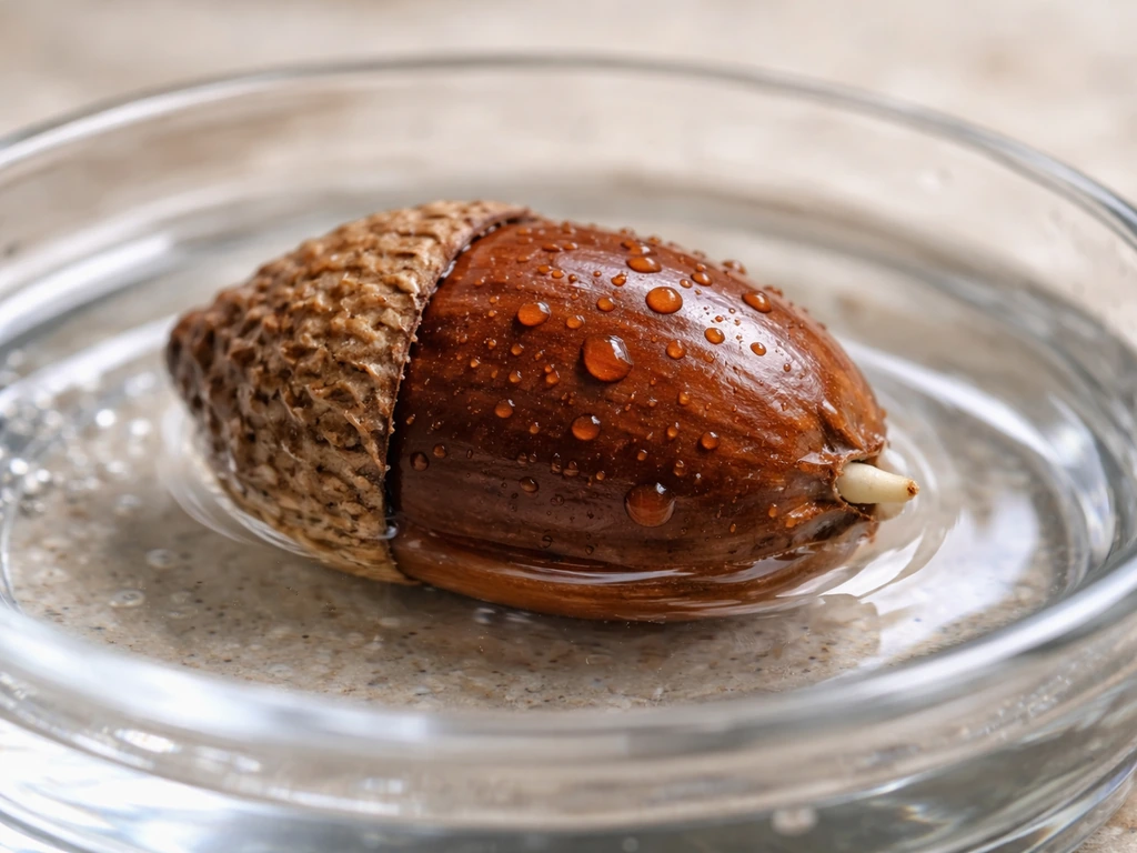 Close-up of a water-soaked acorn in a shallow dish, germination implied with soft sprout-ready focus.