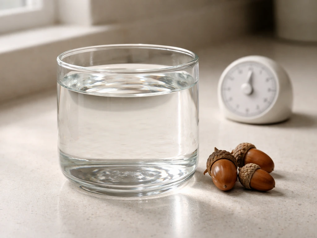 Glass container of clear room-temperature water with a few acorns at the rim and a simple timer nearby.