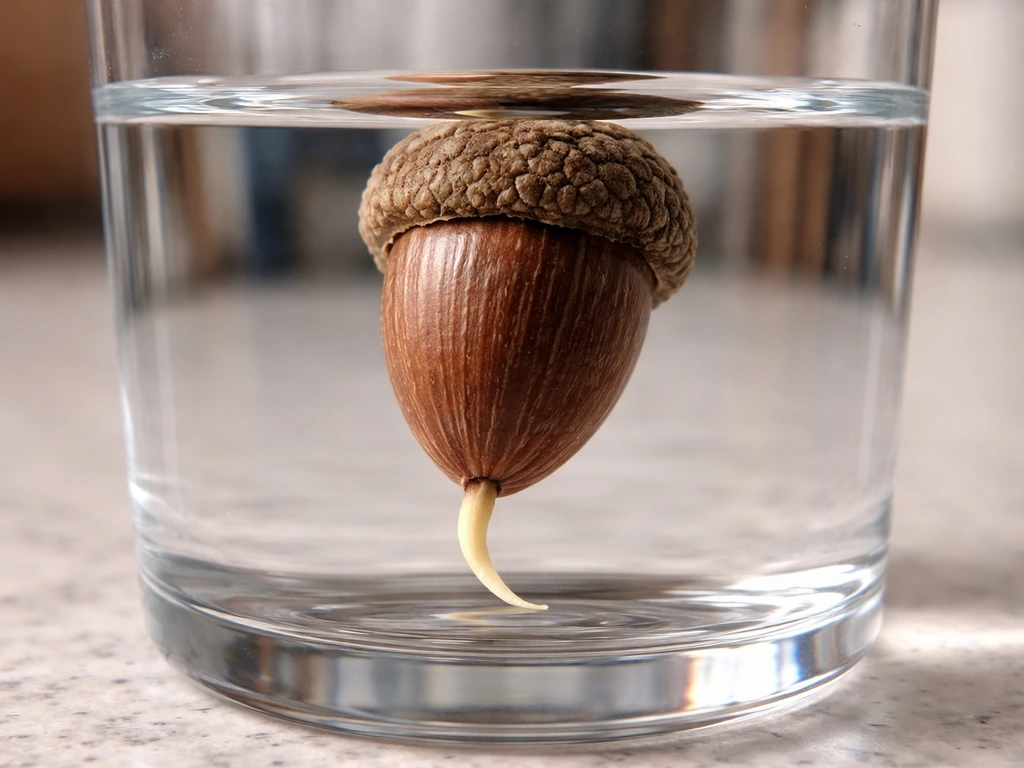 Close-up of an acorn in clear water with a pale cream radicle root tip emerging.
