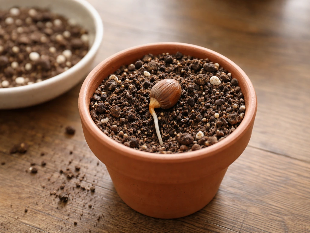 A small acorn with a sprouted radicle being placed into well-draining potting mix in a pot.