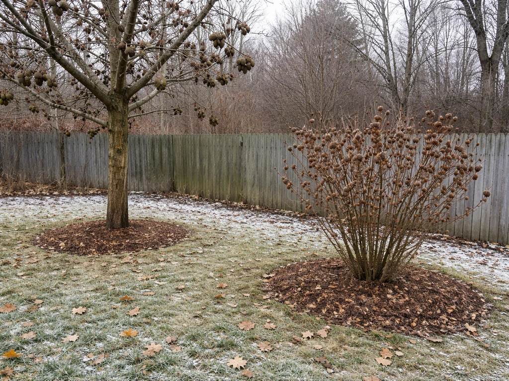 Hardy nut trees in a Wisconsin backyard orchard with frost and mulch rings for winter-ready care.