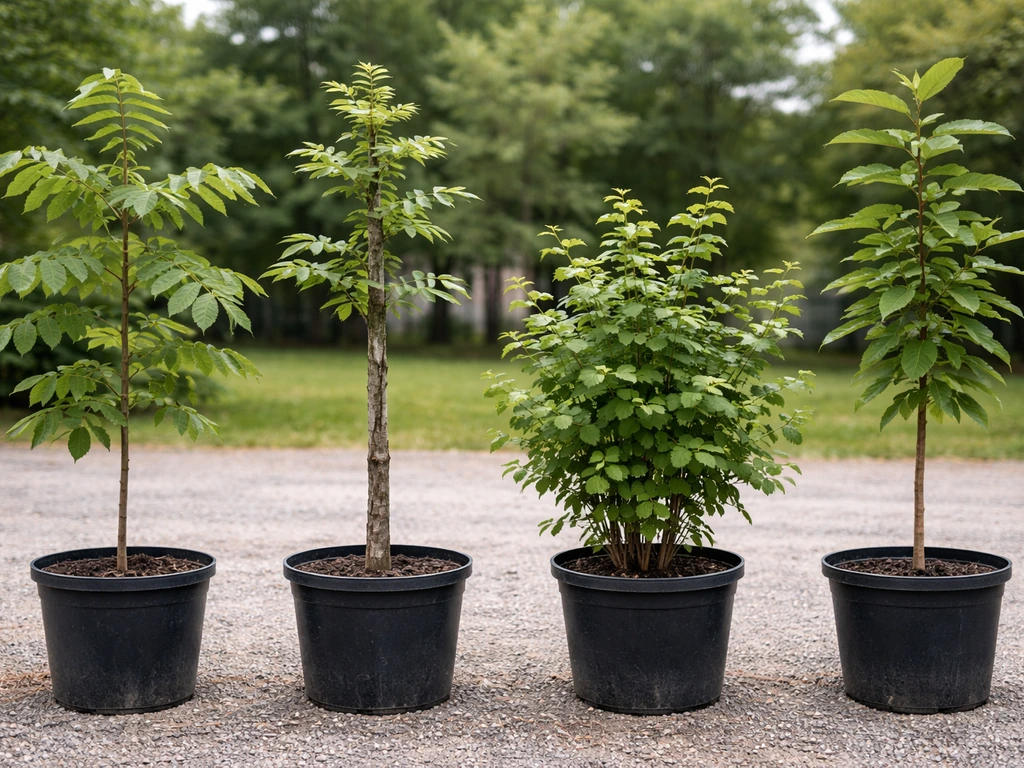 Four different nut tree saplings in separate pots, showing distinct leaves and growth habits.