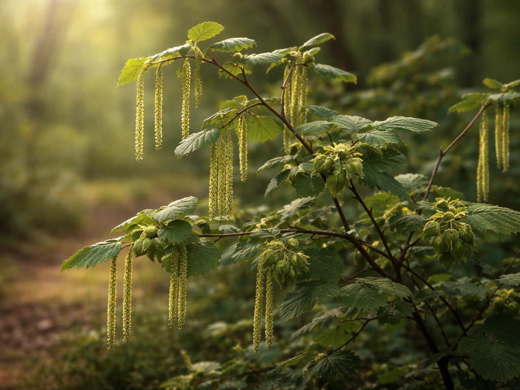 Close-up of American hazelnut shrub with catkins and developing green hazelnuts in woodland light.