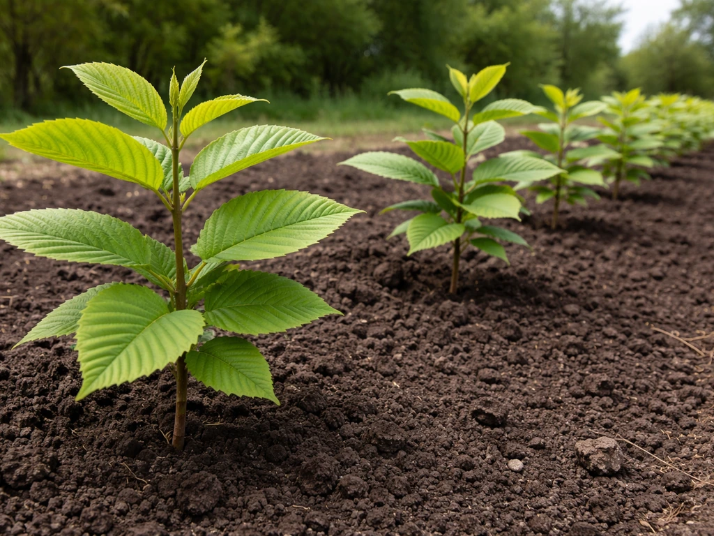 Young blight-resistant chestnut hybrid saplings with healthy green foliage in a simple Wisconsin-style planting row.