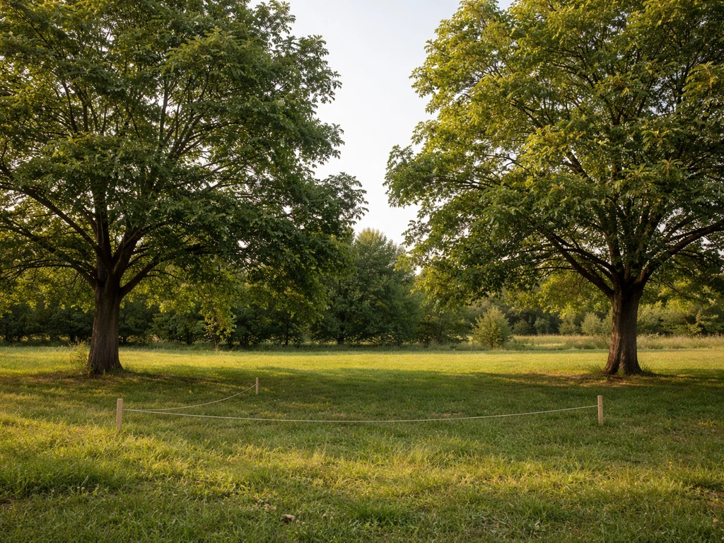Two walnut trees spaced within wind-pollination distance, with subtle ground spacing markers between them.