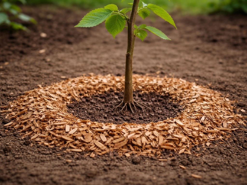 Close-up of loamy soil and wood-chip mulch around a young nut tree, mulch kept off the trunk.