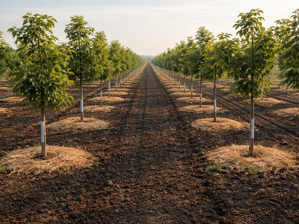 Sunlit orchard rows of young grafted nut trees with early growth toward a future harvest