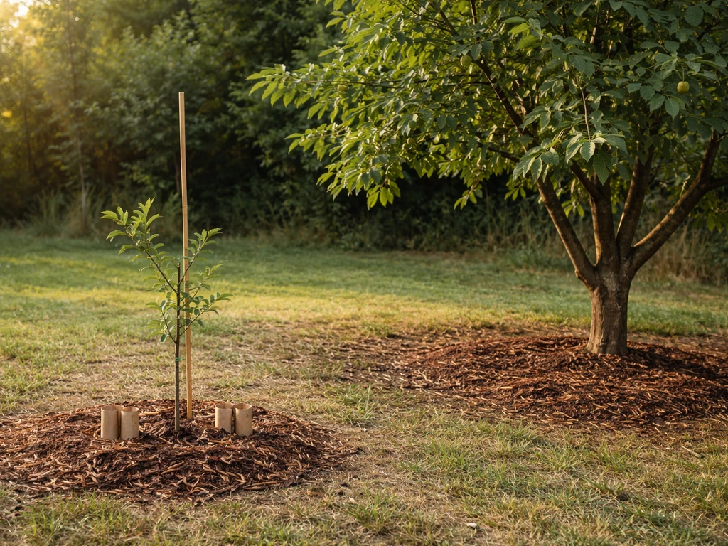 Young sapling with mulch and nearby mature nut tree bearing nuts in a quiet yard.