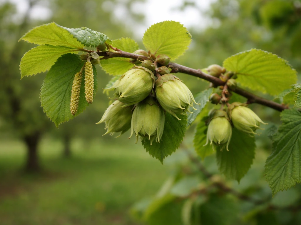 Close-up of a hazelnut branch with developing hazelnuts, catkins, and spring buds nearby.