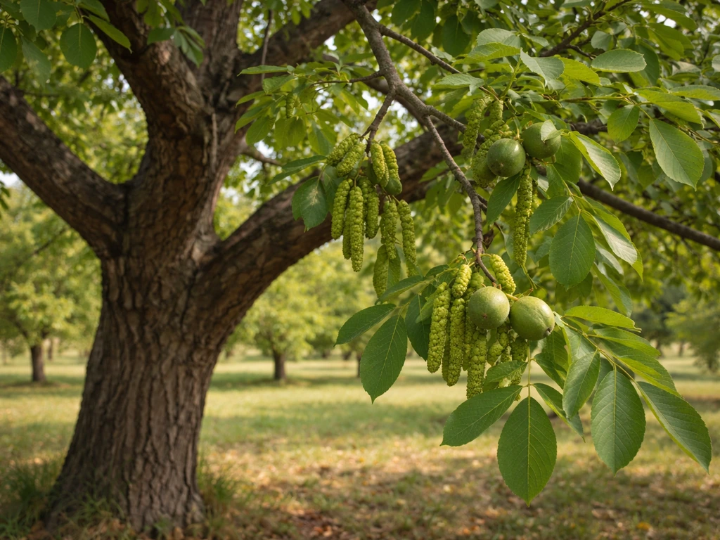 Mature walnut tree trunk and canopy with catkins and early walnut husks in autumn light.