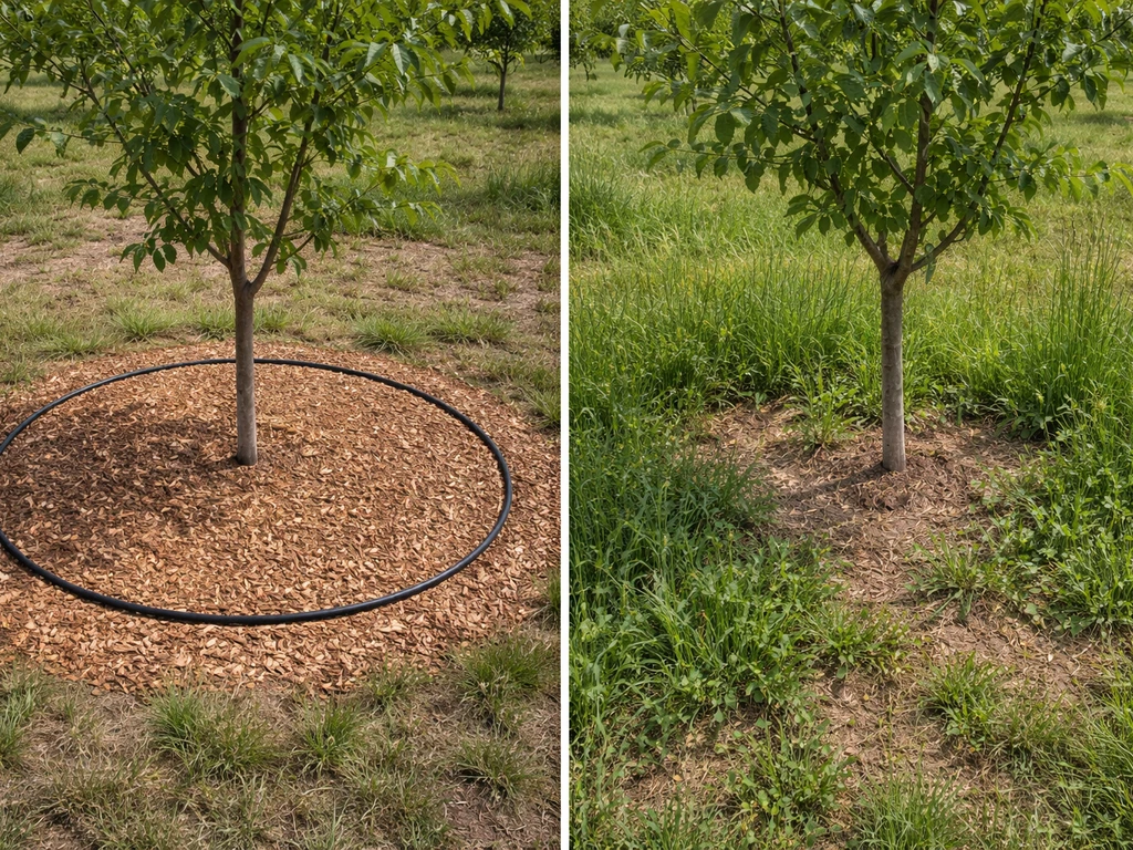 Two side-by-side young walnut trees: one in weed-free mulch and irrigation ring, one crowded with grass and weeds.