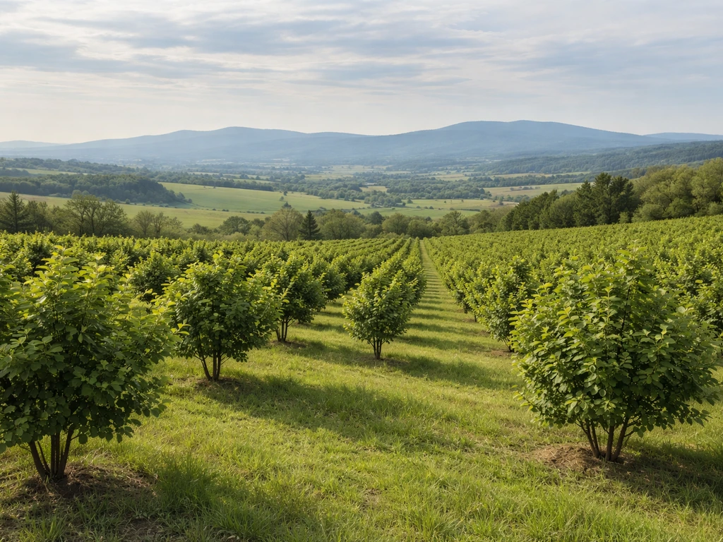Wide scenic hazelnut grove across rolling European countryside under soft natural light