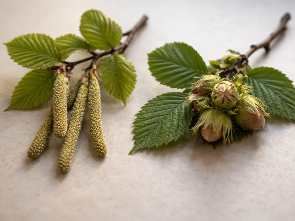 Close-up of two hazelnut branches with leaves, catkins, and nuts in husks on a neutral background.