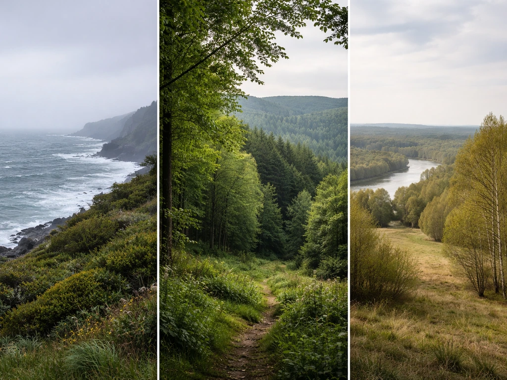 Three minimal landscapes side by side: misty Atlantic coast, lush Central Europe hills, and paler eastern river plain.