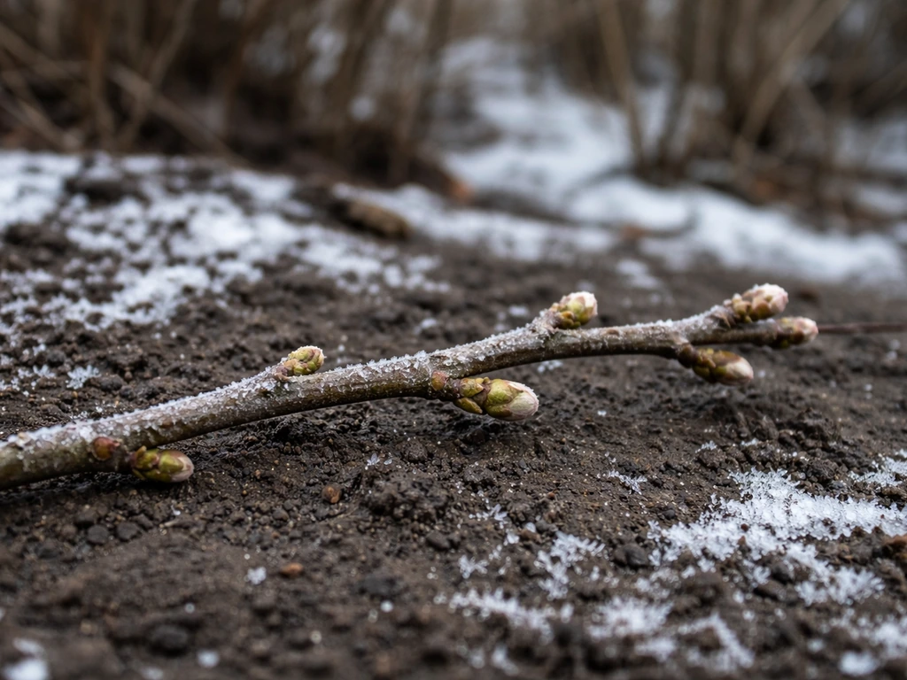 Close-up of a hazel branch on frosty soil, showing dormant and just-swelling winter buds.