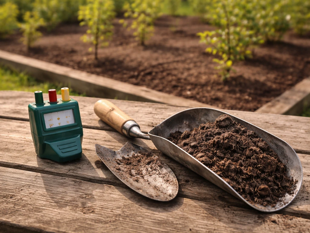 Loamy well-drained soil with a soil testing kit and trowel beside hazelnut saplings.