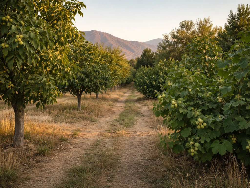 Home orchard with walnut and hazelnut trees in Utah, golden light and distant mountains
