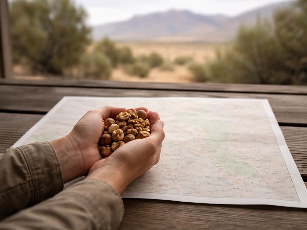 Anonymous hands holding walnut and hazelnut shells over a blank paper map with distant Utah mountains.