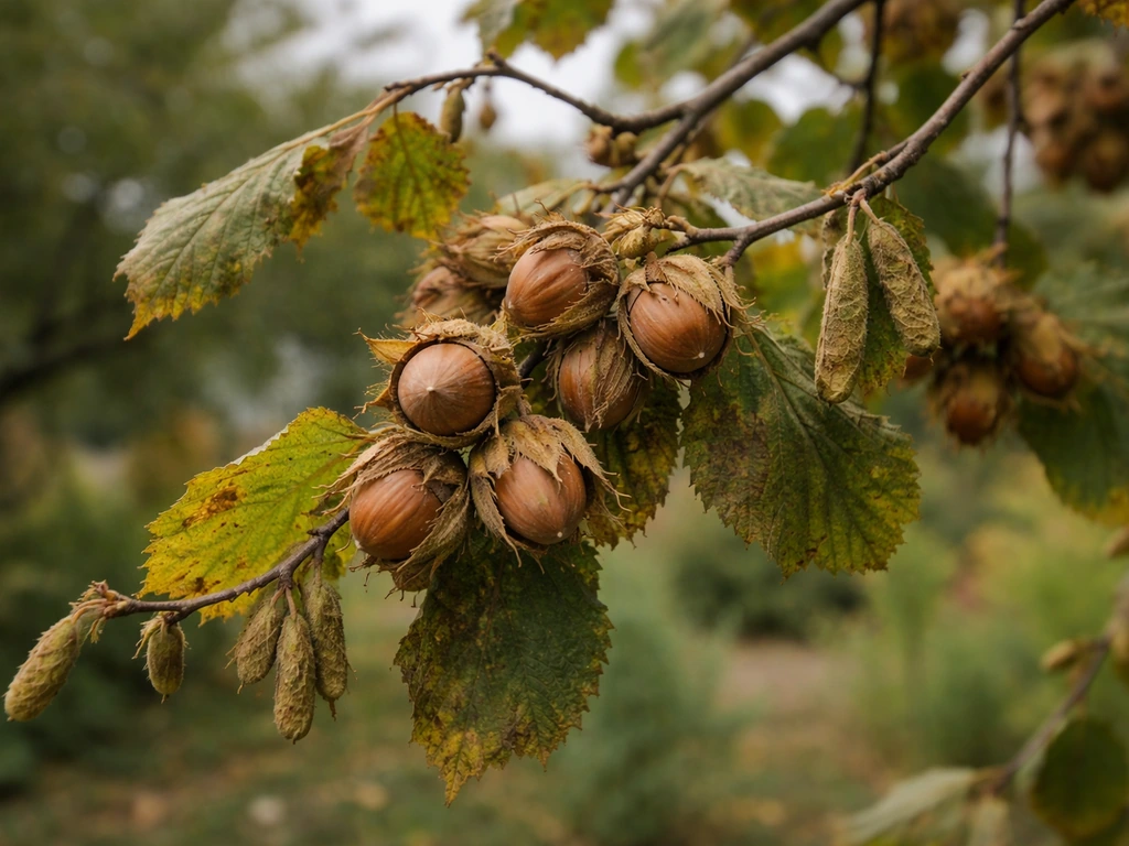 Harvest-ready hazelnut branch with nuts in shells against softly blurred garden background.