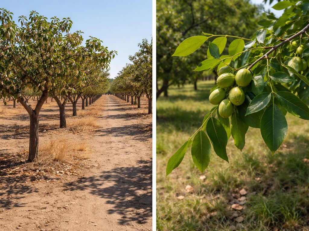Pistachio orchard rows with hot, dry light beside a pecan tree branch with developing nuts