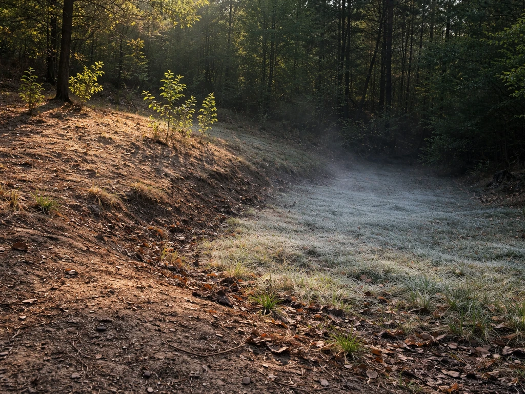 Sunlit hillside soil fades into a colder low spot with darker moist ground and light frost.
