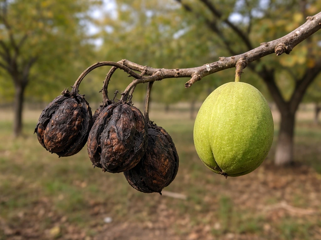 Blackened, shriveled walnuts on a branch beside one healthy green walnut for contrast