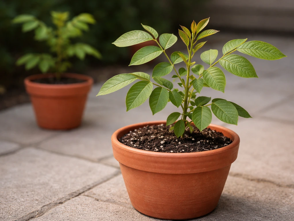 English/Persian walnut in a terracotta container with another blurred walnut branch for contrast.
