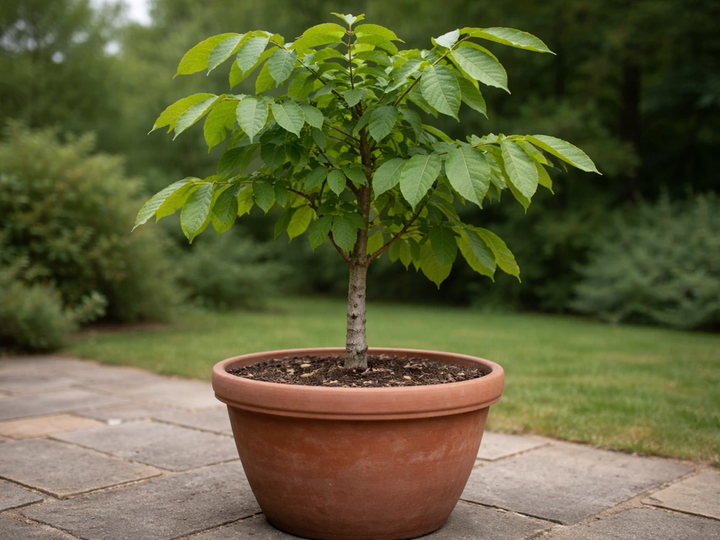 Heartnut/Carpathian walnut sapling with compact foliage in a large pot outdoors in cool weather.