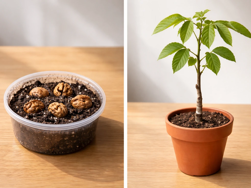Walnut seeds in moist container beside a young container-grown grafted seedling in a small pot.
