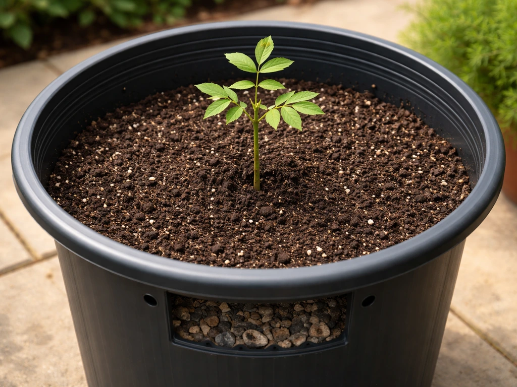 Deep walnut seedling pot showing drainage holes and a well-draining compost-worm-casting soil mix.