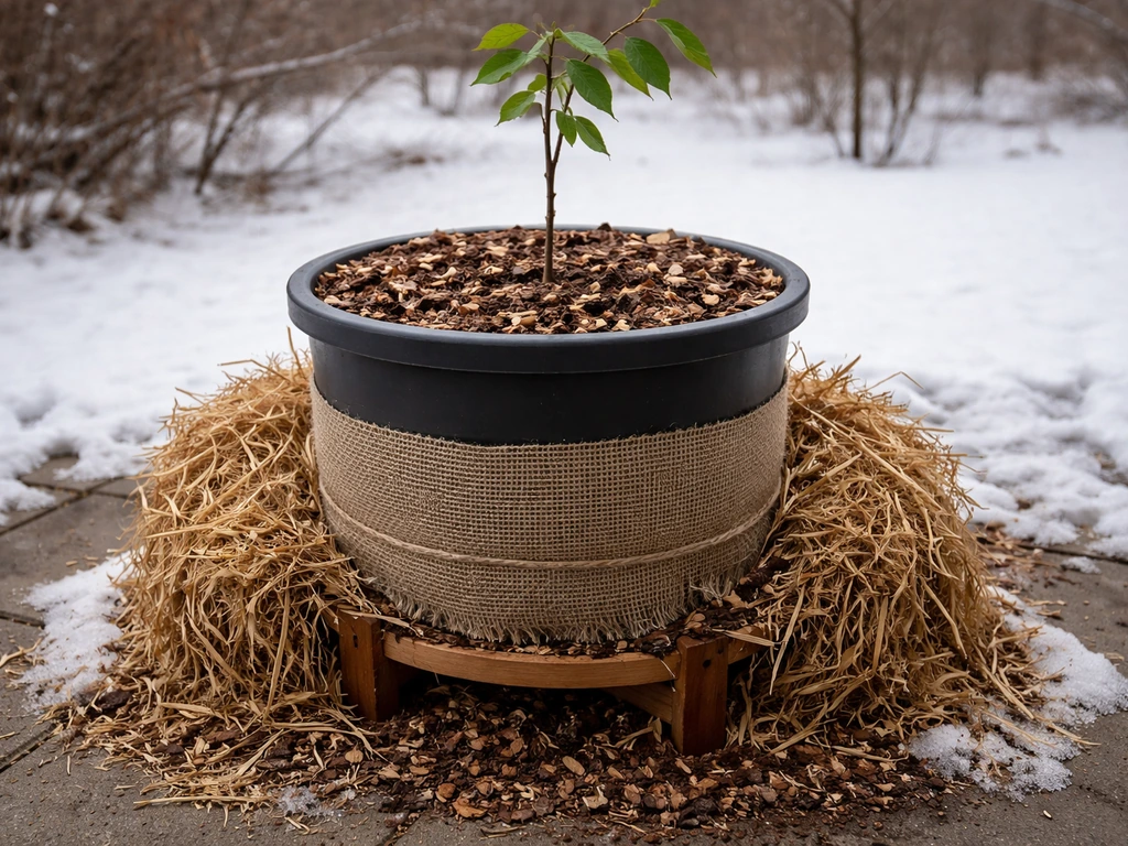 Potted walnut tree with insulating mulch and a covered root zone to protect it from winter cold