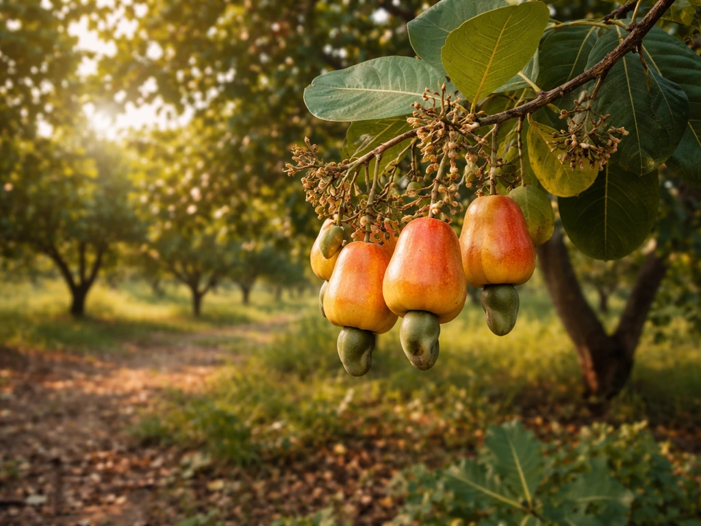 Cashew apples hanging from a lush tropical branch in a cashew orchard.
