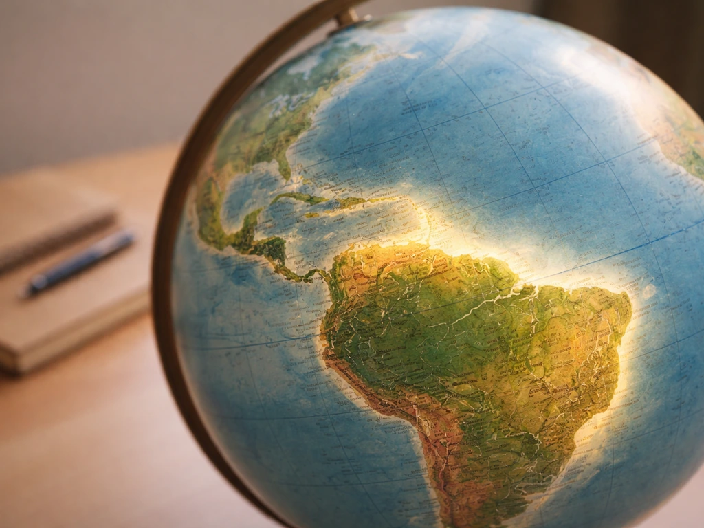 Globe with soft light highlighting a cashew range from Trinidad toward northeastern Brazil coast.