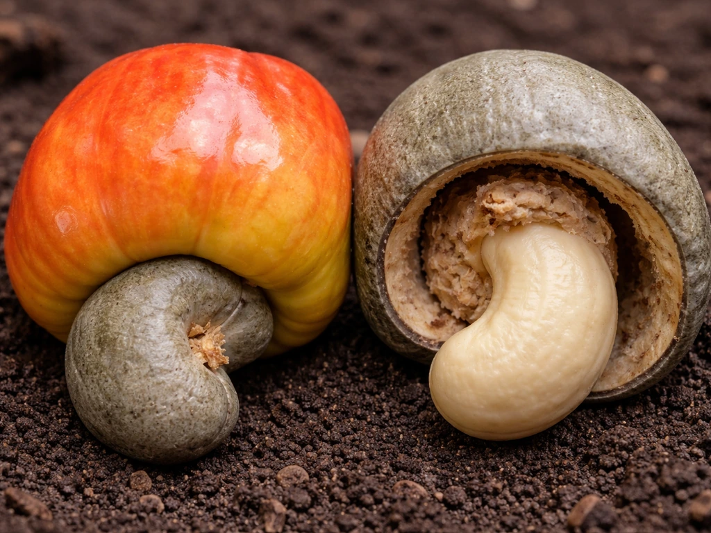 Macro close-up of cashew apple and open cashew shell revealing where the seed attaches underneath.