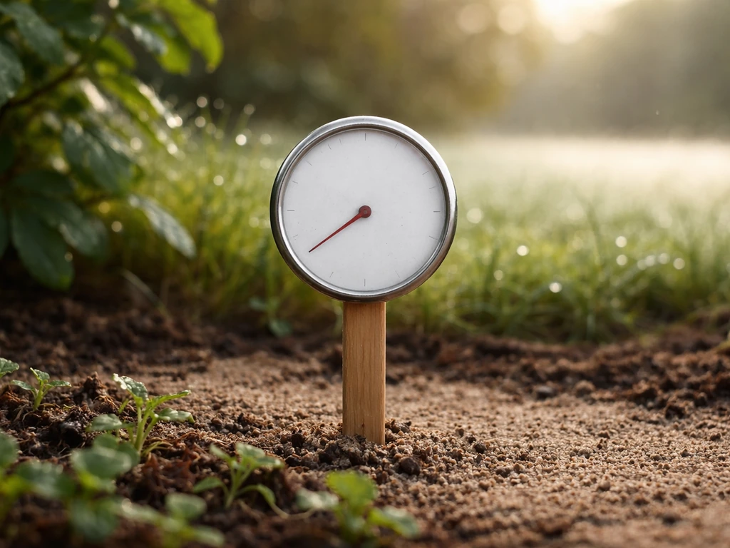 Close-up thermometer on a stake in sandy soil, with morning frost edge and hints of rain in the background.