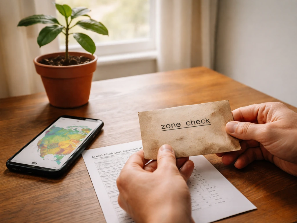 Hands compare hardiness zone and local minimum temperatures next to a potted cashew sapling.