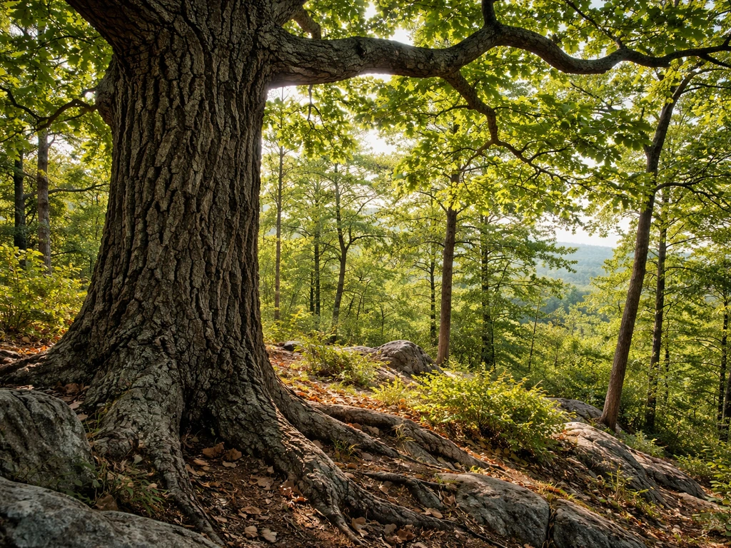 Mature chestnut oak on a rugged ridge in an upland forest with sun-dappled canopy and textured leaves.