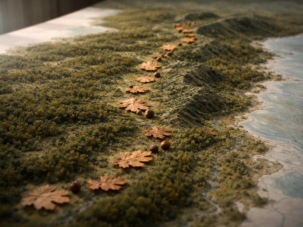 Overhead tabletop terrain with chestnut oak leaves arranged along a winding route from northeast Canada to the Southeast