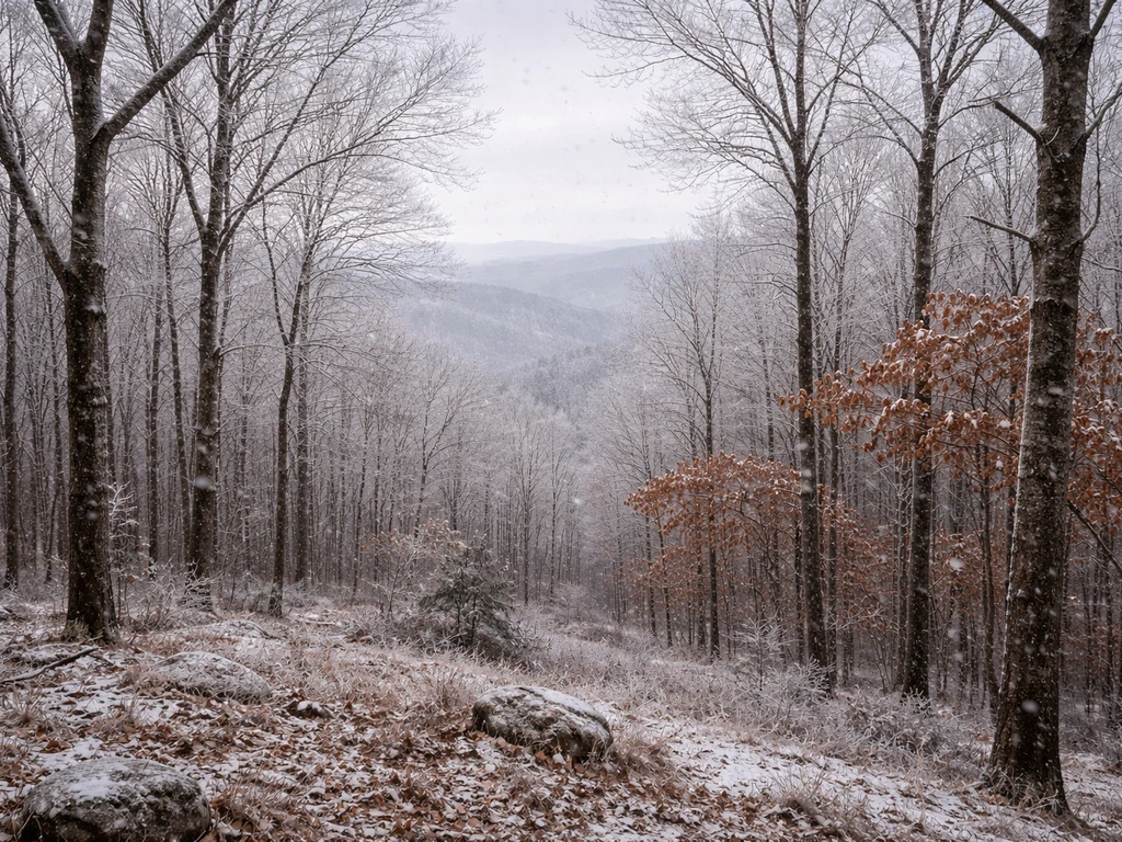 Snow-dusted upland woodland ridge with frost on branches, conveying winter cold hardiness.