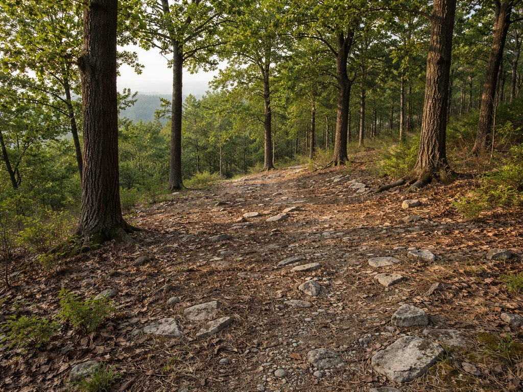 Rocky upper-slope forest floor with sparse understory and chestnut oak habitat cues near a ridgetop.