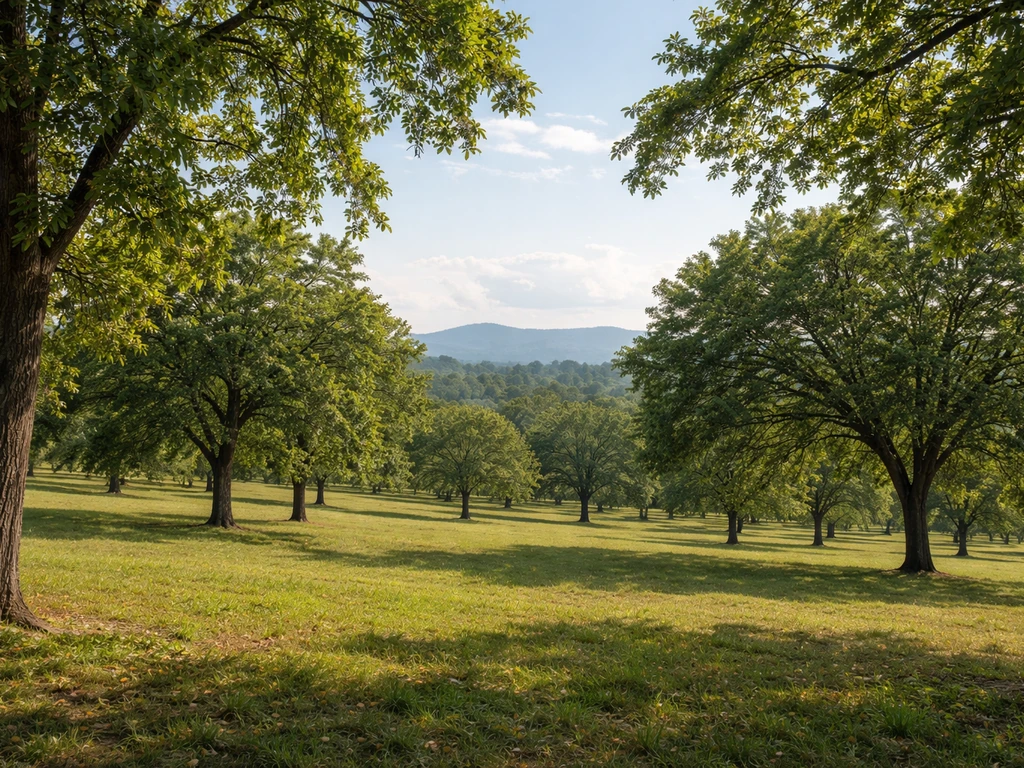 Panoramic Virginia orchard with rows of nut trees and a distant view shifting from hills to flatter land.